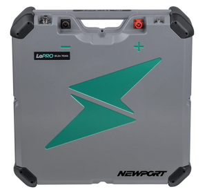 Gray Newport LoPRO 51.2V 70Ah lithium battery with green lightning bolt logo and red/black connectors.