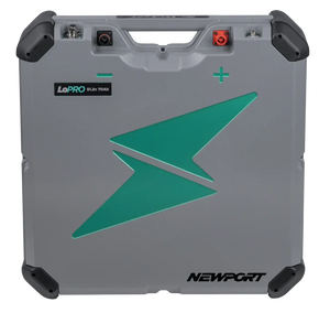 Gray Newport LoPRO 51.2V 70Ah lithium battery with green lightning bolt logo and red/black connectors.