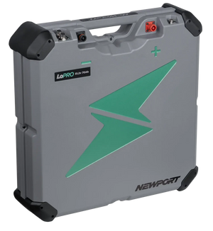 Gray Newport LoPRO 48V 70Ah Lithium LiFePo4 battery with green lightning bolt logo and red/black connectors.