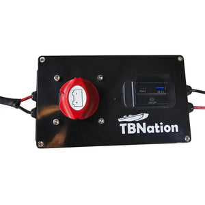 Black marine-grade 48V to 12V step-down converter with a red cut-off switch and dual USB charging ports.