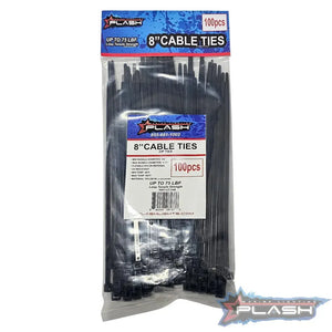 Pack of 100 black 8-inch Plash cable ties with self-locking design, made from UV-resistant Nylon 66.