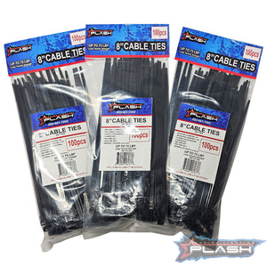 Three packs of 100 black 8-inch Plash self-locking nylon cable ties, showing packaging details.