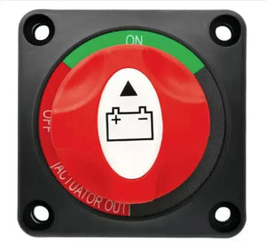 Black square battery cutoff switch with a red and white rotary knob, showing ON/OFF indicators and a battery icon.