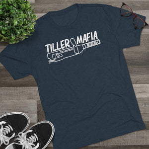 Navy tri-blend tee with white "Tiller Mafia The Don Yacht" graphic and tiller design.