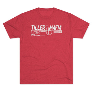 Red tri-blend regular fit t-shirt with "TILLER MAFIA" and boat tiller graphic in white.