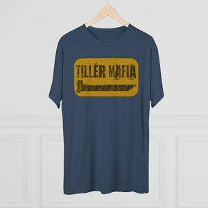 Navy blue CAMO Tiller Mafia Tee with a distressed yellow rectangular graphic featuring a tiller handle and blade.