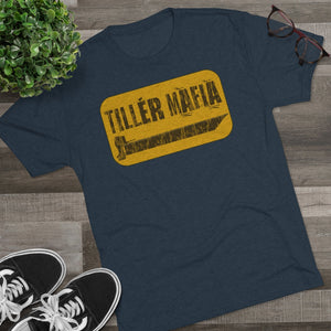 Navy blue CAMO Tiller Mafia Tee with a distressed yellow graphic featuring a tiller blade.