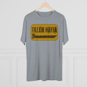 Gray CAMO Tiller Mafia Tee with distressed yellow graphic featuring a tiller handle and blade.
