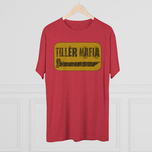 Red CAMO Tiller Mafia Tee with a distressed yellow and black graphic featuring a tiller.