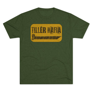 Green CAMO Tiller Mafia Tee with a distressed yellow rectangular graphic featuring a knife silhouette.