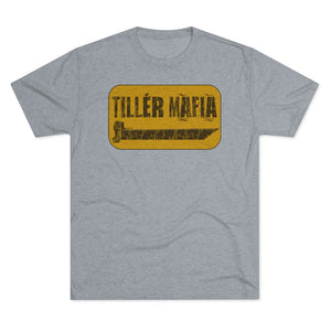 Gray CAMO Tiller Mafia Tee with a distressed yellow and brown graphic featuring a tiller blade.