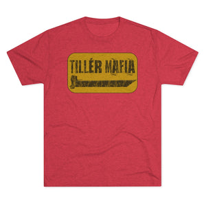 Red soft cotton T-shirt with a yellow "TILLER MAFIA" graphic and tiller boat outline.