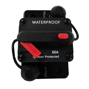 Black waterproof 60A circuit breaker for trolling motors with red reset button and protective caps.