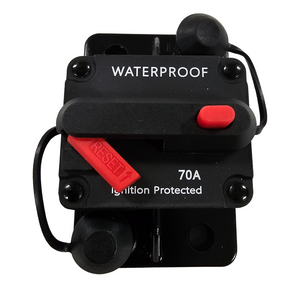Black waterproof 70A circuit breaker for trolling motors with red reset button.