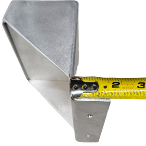 Raw aluminum clamp-on trolling motor mount for flat nose Jon boats, shown with a tape measure indicating its dimensions.
