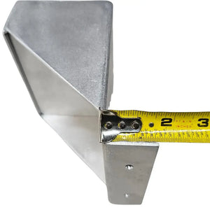 Raw aluminum clamp-on trolling motor mount for flat nose Jon boats, shown with a tape measure indicating its dimensions.