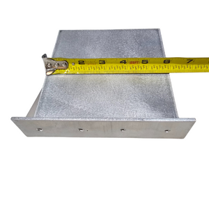 Raw aluminum clamp-on trolling motor mount for flat nose Jon boats, shown with a measuring tape.