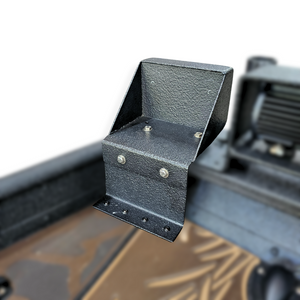 Black textured aluminum clamp-on trolling motor mount with L bracket, designed for flat nose Jon boats.