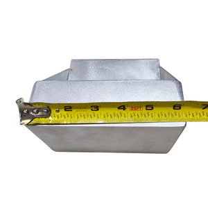 Raw aluminum clamp-on trolling motor mount for flat nose Jon boats, shown with a tape measure indicating its 6-inch width.