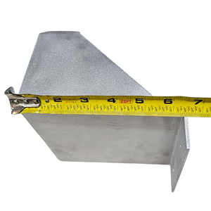 Raw aluminum, welded clamp-on trolling motor mount for flat nose Jon boats, shown with a measuring tape.