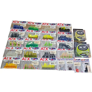 Assortment of ATX Lures soft plastic baits in various colors, jig heads, tungsten weights, and K9 Crappie Line.