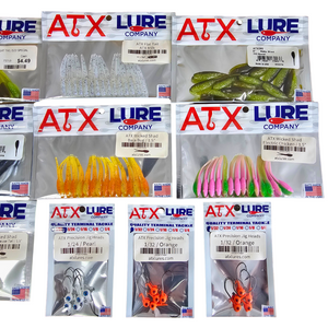 ATX Lure Company crappie fishing kit with soft plastic baits and jig heads in various colors.