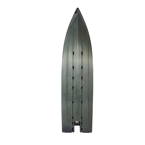 Olive green Crescent Cres-Craft fishing skiff or power kayak with a sharp V-shaped bow and planing hull.