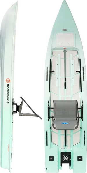 Seafoam Crescent Cres-Craft fishing skiff/kayak with a gray mesh seat and storage hatch.