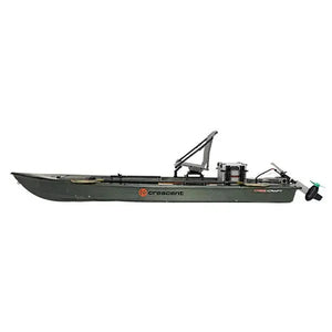 Olive Crescent Cres-Craft fishing skiff with motor, elevated seat, and storage.