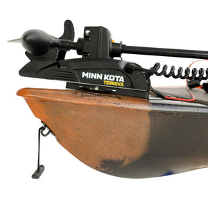 Close-up of a copper Crescent Cres-Craft fishing skiff with a black Minn Kota Terrova trolling motor.