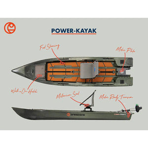 Olive green Crescent Cres-Craft Power Kayak with orange deck, foot steering, Millennium seat, and motor-ready transom.
