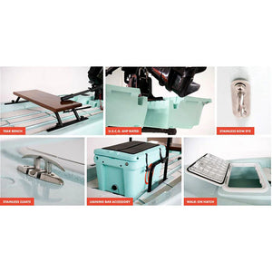 Crescent Cres-Craft fishing skiff in seafoam with teak bench, stainless hardware, and leaning bar accessory.