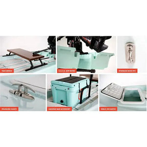 Crescent Cres-Craft fishing skiff in seafoam with teak bench, stainless hardware, and leaning bar accessory.