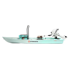 Seafoam Crescent Cres-Craft fishing skiff with a white outboard motor, cooler, and standing bar.