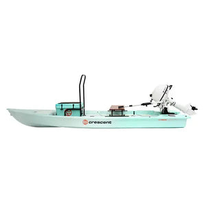 Seafoam Crescent Cres-Craft fishing skiff with a white outboard motor, cooler, and standing bar.