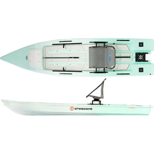 Top and side view of a Seafoam Crescent Cres-Craft fishing skiff with a gray seat and motor mount.