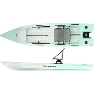 Top and side view of a Seafoam Crescent Cres-Craft fishing skiff with a gray seat and motor mount.