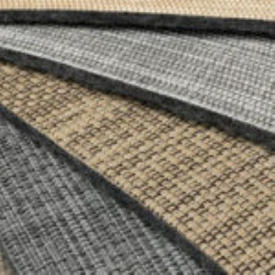 Swatches of DuraVinyl Marine Flooring in tan, light gray, and dark gray woven vinyl with felt backing.