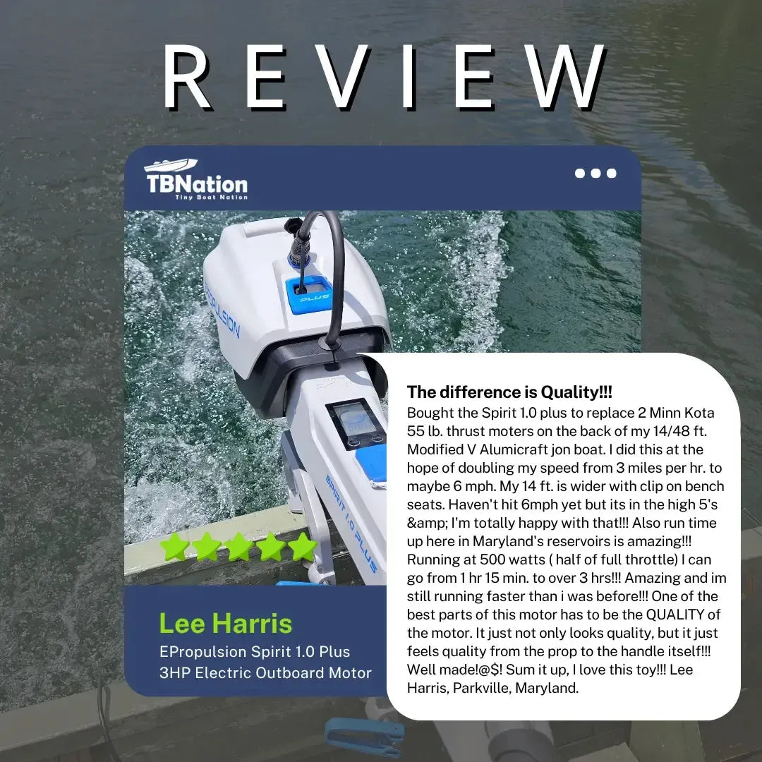 Review of the TM Vision featuring the EPropulsion Spirit 1.0 Plus 3HP electric outboard motor.