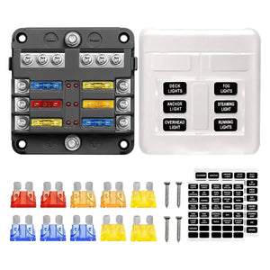 Black 6-position fuse box with colorful fuses, white 6-gang switch panel, extra fuses, screws, and label stickers.