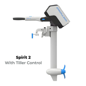 Side view of the ePropulsion Spirit 2 with tiller control, highlighting the adjustable handle and integrated digital display.