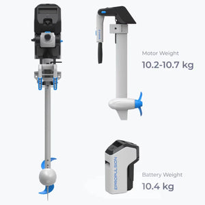 Weight specifications for ePropulsion Spirit 2 parts, showing a motor weight of 10.2-10.7 kg and a battery weight of 10.4 kg.