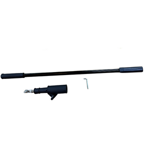 Black anodized aluminum flexible tiller handle extension with universal joint and hex wrench.