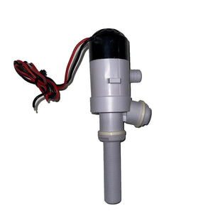Gray and black Flow-Rite livewell pump with threaded base and red, white, black wires.