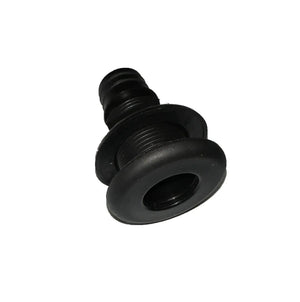 Black plastic straight 1-1/8" thru-hull fitting with threaded body and hose barb end for livewell systems.