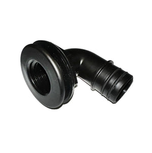 Black plastic 1-1/8" elbow thru-hull fitting with threaded end and ribbed hose barb for livewell systems.