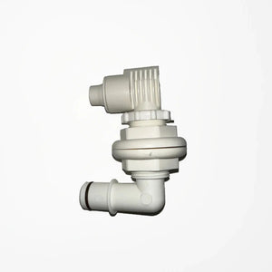 White Flow-Rite PowerStream Aerating Nozzle, an elbow-shaped plastic boat livewell component.
