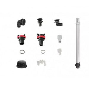 Flow-Rite Essentials Livewell Kit components: black and white plastic fittings, red Qwik-Lok sockets, mesh drain, and a long standpipe.