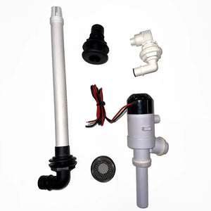 Flow-Rite Essentials Livewell Kit components: white standpipe, black thru-hulls, aerating nozzle, and pump.