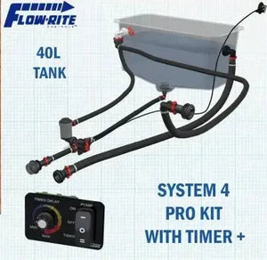 Flow-Rite Livewell Pump Kit, System 4 Pro, with 40L tank, hoses, connectors, and timer.